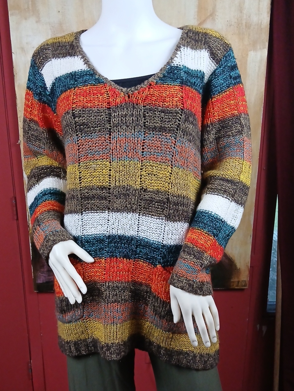 Kristin Nicole Colorful Striped Knit V-Neck Sweater Tunic w/ Pockets Size 2X